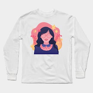 Girl with Wavy Hair and Glasses Long Sleeve T-Shirt